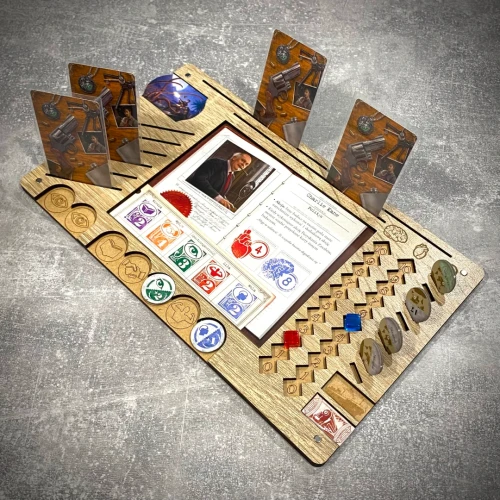 Plansza Gracza do Eldritch Horror, HDF Dąb Sonoma, przykładowe rozłożenie.webp